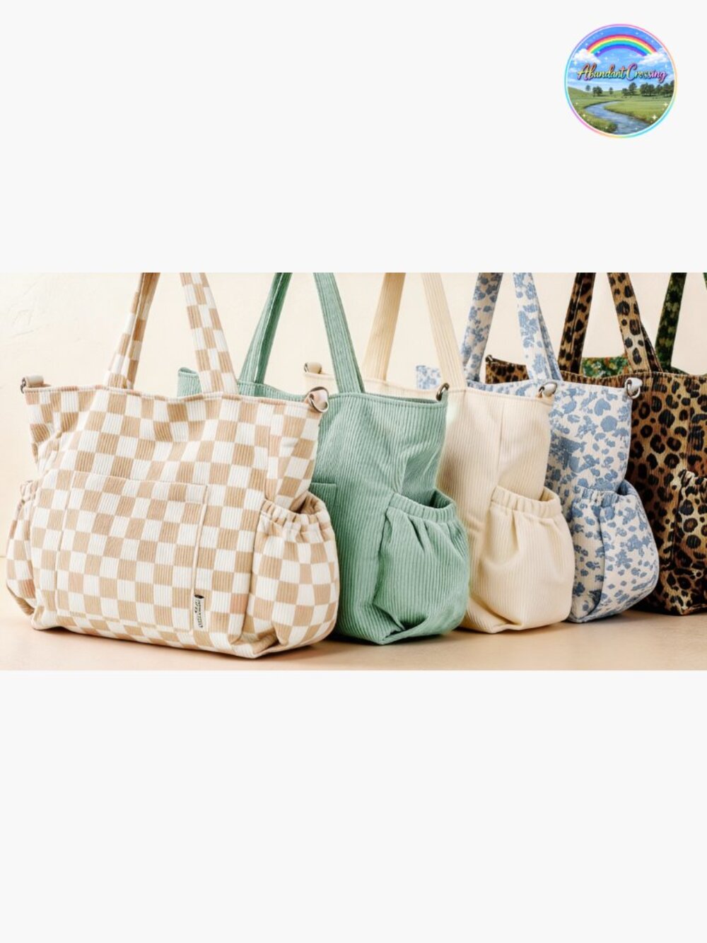 Corduroy Tote Bag with Multi-Pockets and Zipper, Large Travel Work Bag - Picture 7 of 7